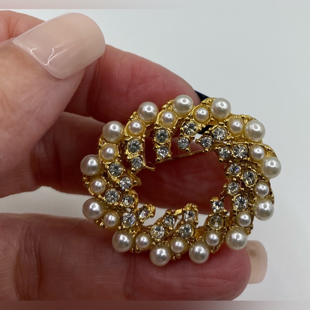 Perlas De Mallorca Gold Tone Faux Pearl Rhinestone Pin Brooch Vintage